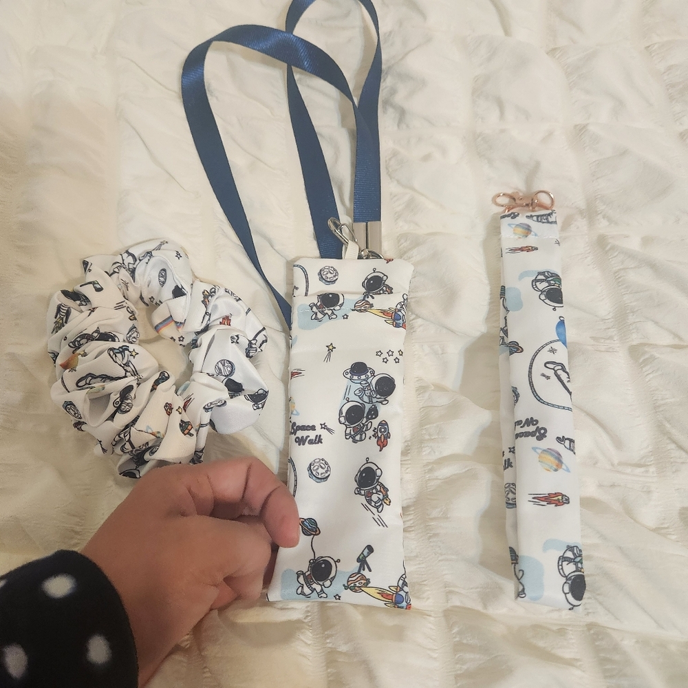 Space-Themed Accessory Set - Blue and White Key Chain Wrislet, Hair Scrunchie,
